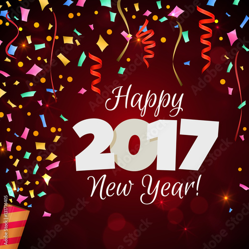 Happy New Year 2017 greeting card. Festive illustration with colorful confetti, party popper and spangles on red background. Vector.