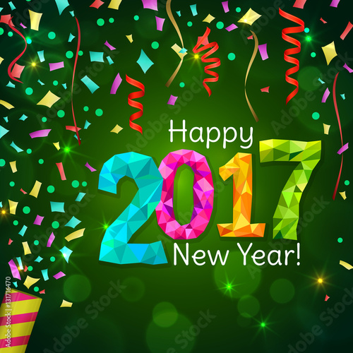 Happy New Year 2017 greeting card. Festive illustration with colorful confetti, party popper and sparkles on green background. Vector.