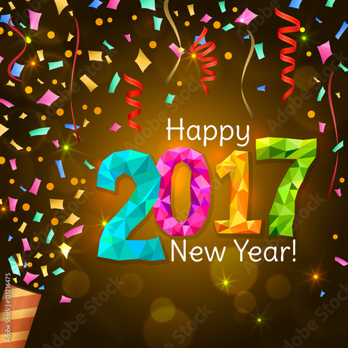 Happy New Year 2017 greeting card. Festive illustration with colorful confetti, party popper and sparkles on yellow background. Vector.