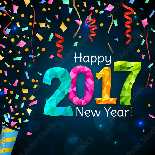 Happy New Year 2017 greeting card. Festive illustration with colorful confetti, party popper and sparkles on dark blue background. Vector.