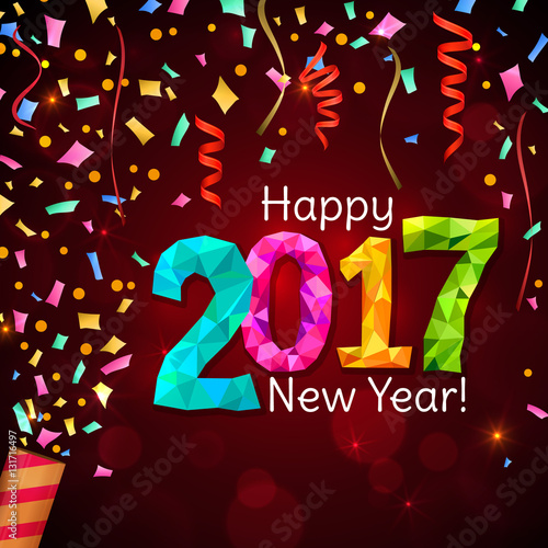 Happy New Year 2017 greeting card. Festive illustration with colorful confetti, party popper and sparkles on red background. Vector.