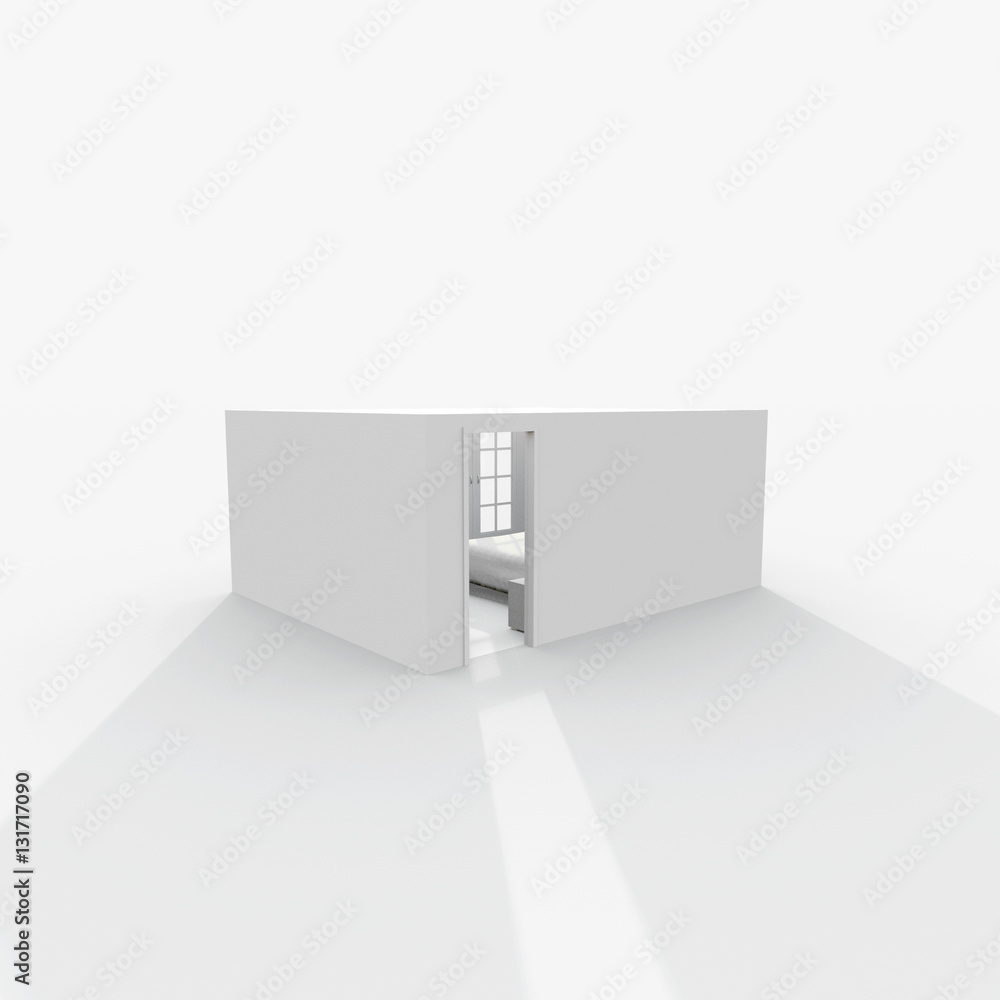3d exterior rendering of white cube house with open door 3d exterior rendering of white cube house with open door