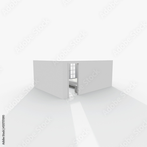 3d exterior rendering of white cube house with open door