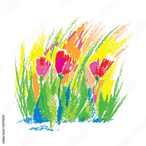 Vector illustration oil pastel childlike stylized red flowers isolated on white background. Colorful floral drawing in sketch style. Hand drawn art element for summer design and simple decor.