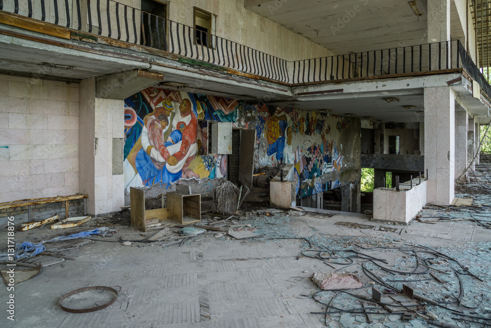 Chernobyl area, lost city Pripyat, modern ruins, Fresco in theatre, Ukraine