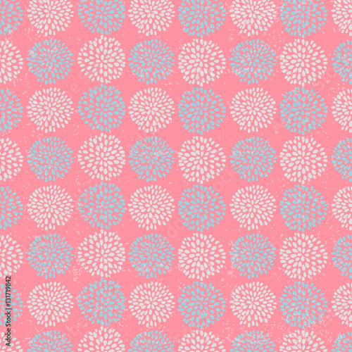 Vector floral pattern with beautiful blue circle flowers  made of petals on pink background.