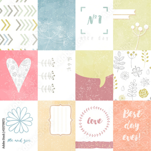 Vector set of journaling cards for scrapbook and design, with floral pattern, doodle, heart.
