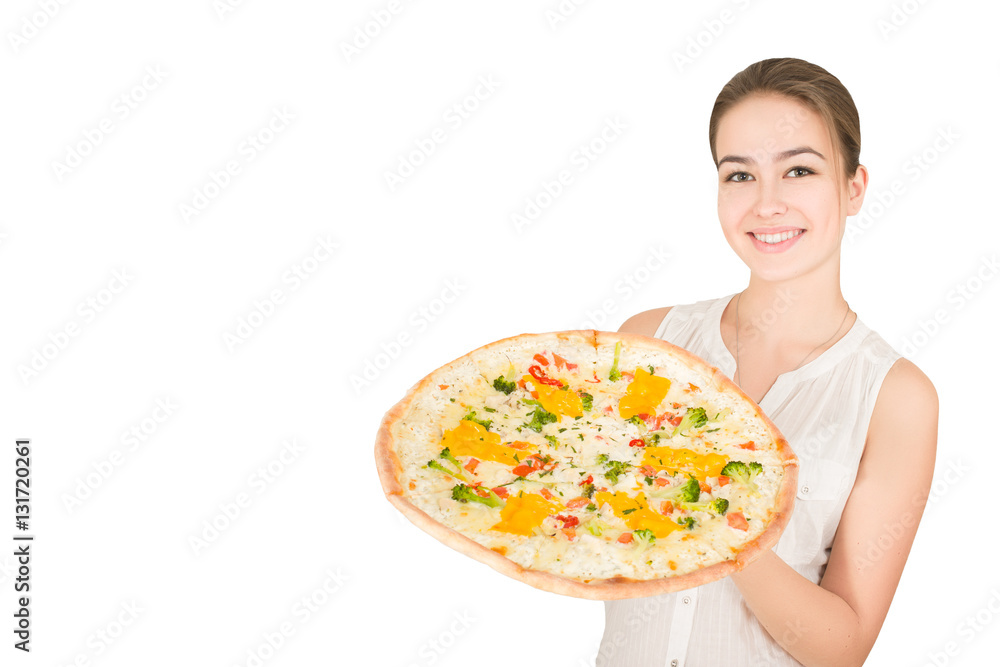 happy woman presents pizza isolated on white background