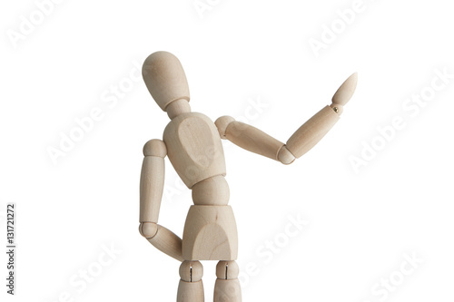 Wooden mannequin with welcome pose
