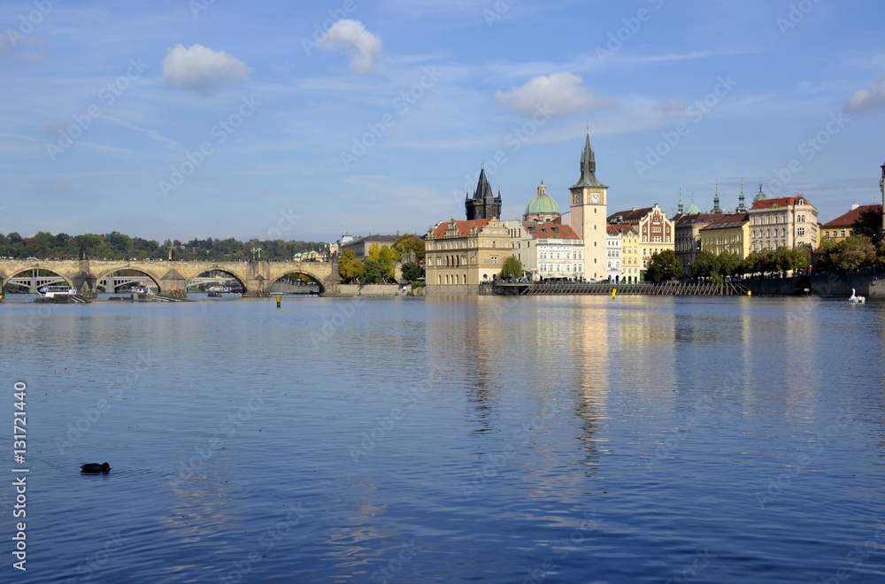 Landscape of river in Prague and buildings