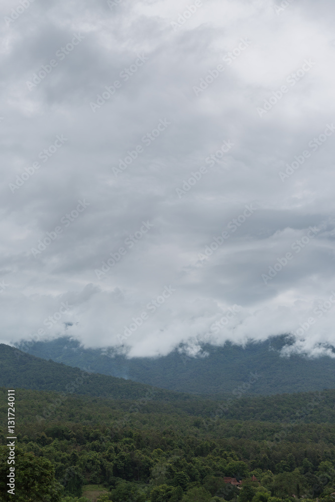 landscape of mountain with misty rain cloud sky