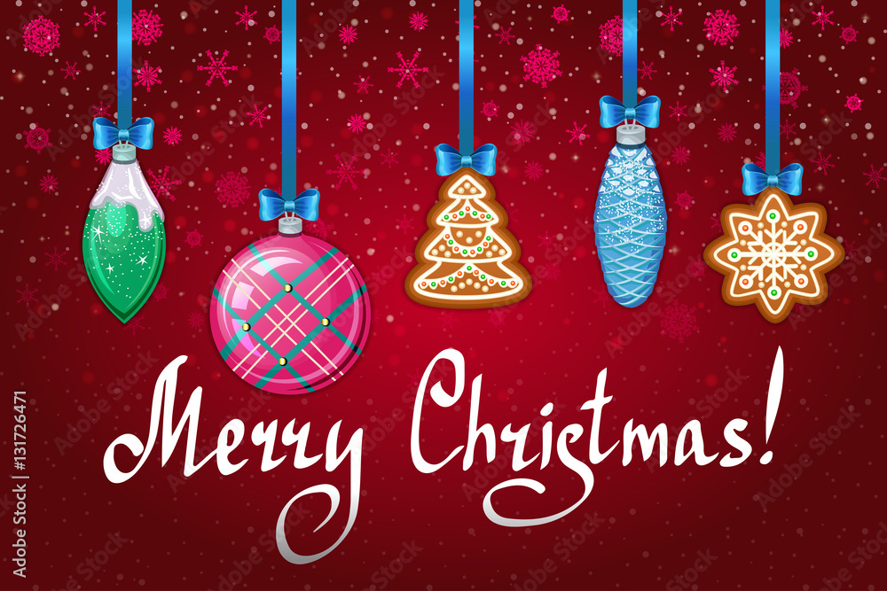 Naklejka premium Tło wakacje z zabawkami świątecznymi i pierniki