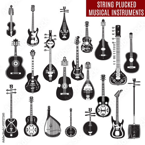 Vector set of black and white string plucked musical instruments in flat design