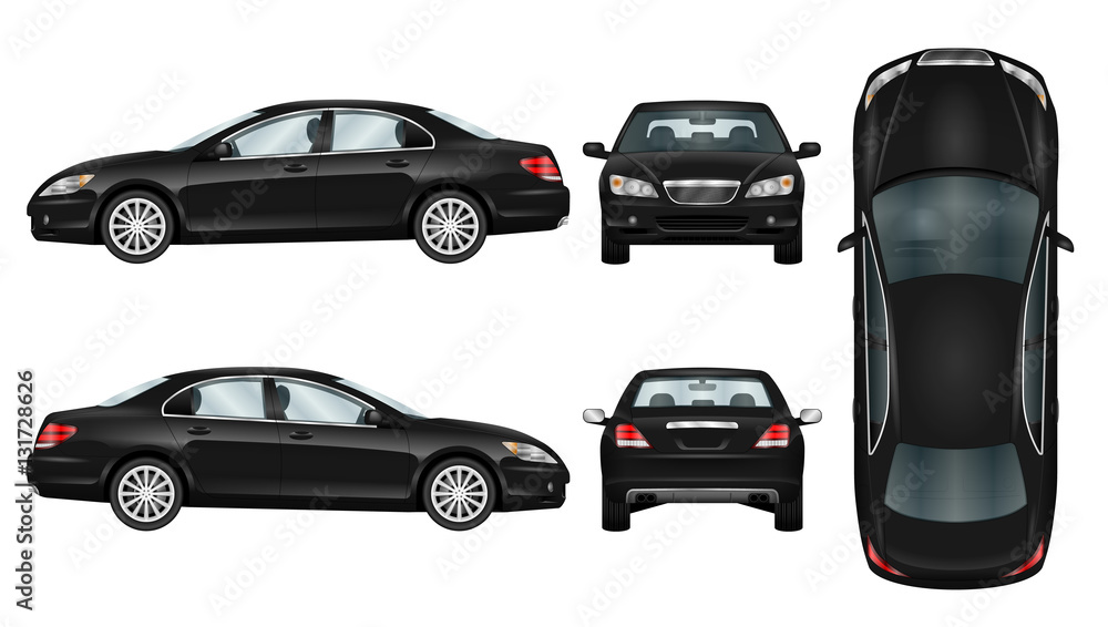 Naklejka premium Black car vector template. Business sedan isolated. The ability to easily change the color. All sides in groups on separate layers. View from side, back, front and top.