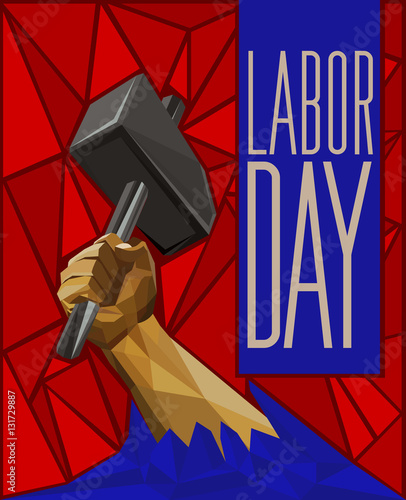 Strong Man's Hand Raising Up A Hammer Labor Day Low Poly Poster