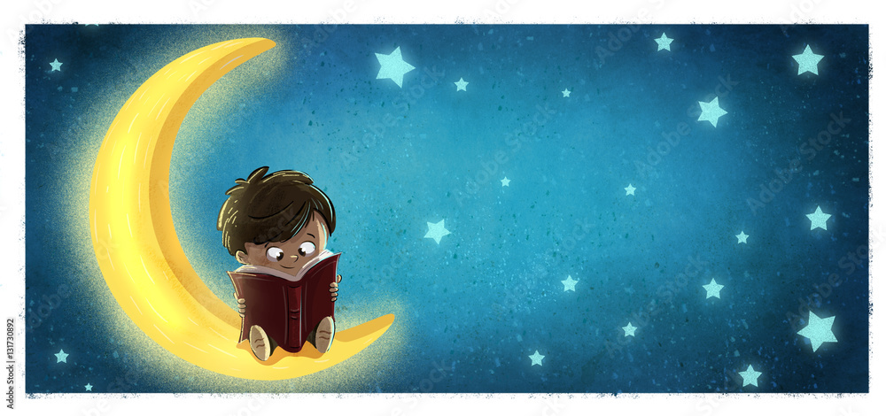 Niño leyendo en la luna. Noche estrellada - obrazy, fototapety, plakaty 