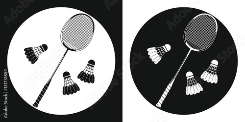 Badminton racquet icon. Silhouette tennis racquet and three badminton shuttlecock on a black and white background. Sports Equipment. Vector Illustration.