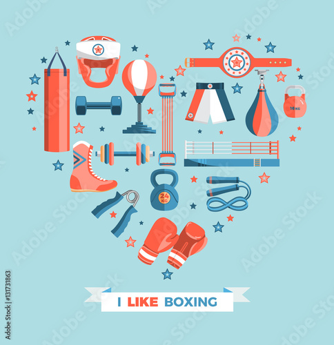 Set of boxing equipment vector colorful design elements isolated on blue background. Vector Illustration
