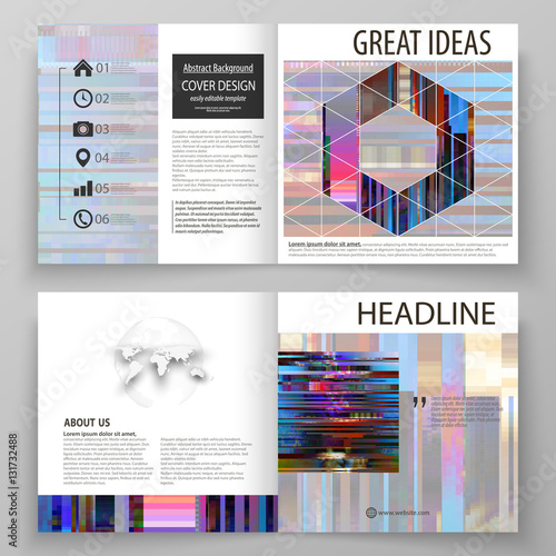 Business templates for square design bi fold brochure, magazine, flyer. Leaflet cover, abstract vector layout. Glitched background made of colorful pixel mosaic. Digital decay. Trendy glitch backdrop.