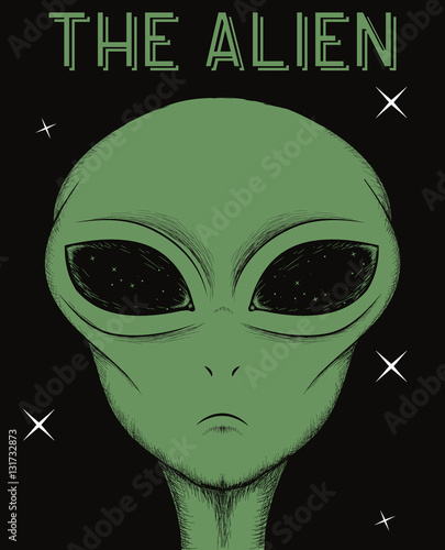Face of green alien isolated on black background