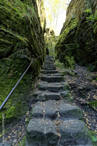 A number of steps of leading upwards in between tall rock structures