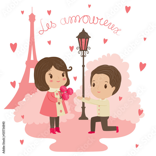 Saint Valentine's Day illustration: a man gives flowers to a wom