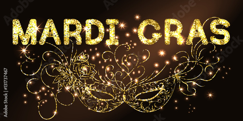 Mardi Gras or Shrove Tuesday background with ornate golden carnival mask. Black Background. Vector Illustration.