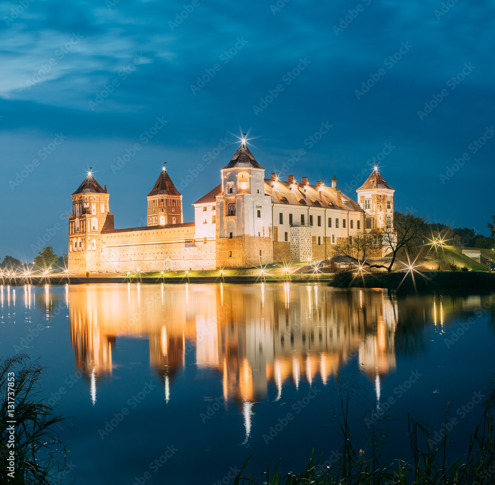 Belarus. Scenic View Of Mir Castle Complex In Bright Evening Illumination