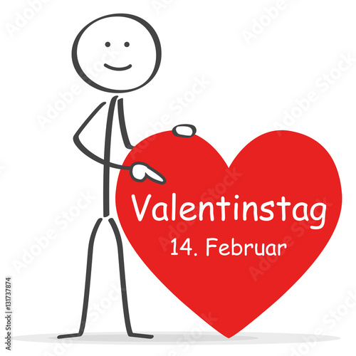 Strichmännchen deutet auf Herz mit Valentinstag und Termin 14. Februar
