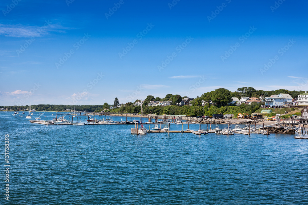 Peaks Island homes and docks, West of the ferry terminal, Portland, Maine Peaks Island homes and docks, West of the ferry terminal, Portland, Maine