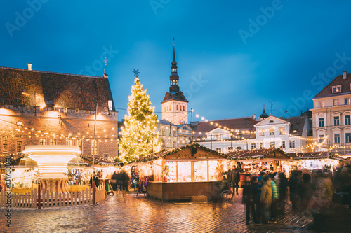 Christmas Market On Town Hall Square In Tallinn, Estonia. Christmas Tree