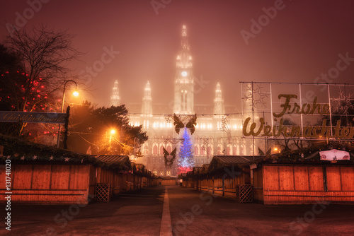 Vienna town hall (Rathaus) with Christmas fair and new year decoration, Austria