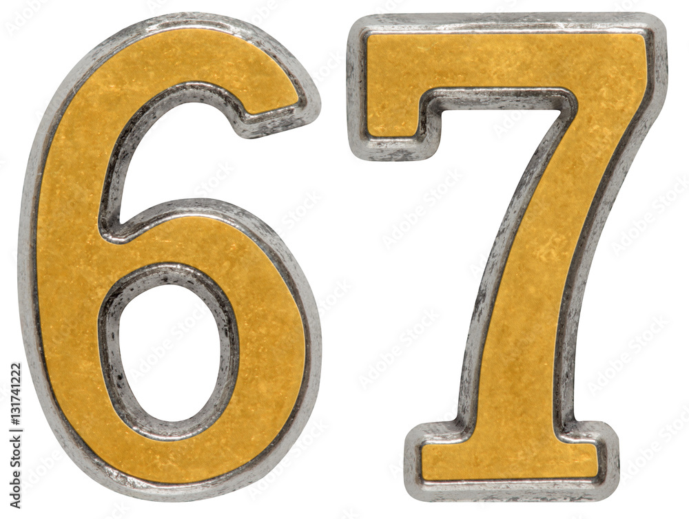 Metal numeral 67, sixty-seven, isolated on white background Metal numeral 67, sixty-seven, isolated on white background