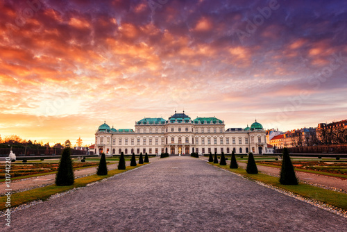 Upper Palace in historical complex Belvedere at sunrise, colorful landscape, Vienna, Austria photo