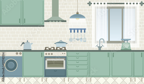 Green kitchen. Front view of a retro style kitchen.