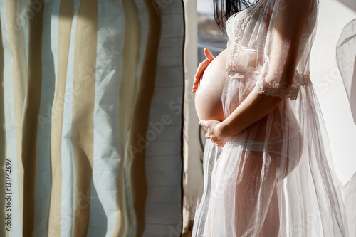 Pregnant girl at the window in the room. Pregnancy.