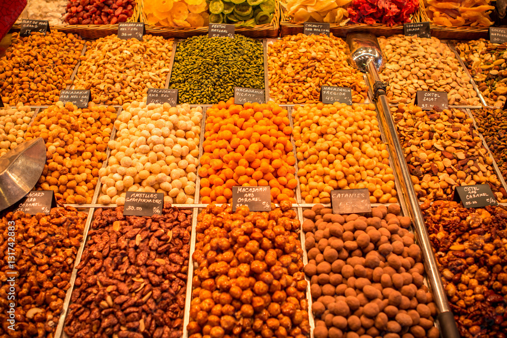Nuts and almonds at the Boqueria market in Barcelona Nuts and almonds at the Boqueria market in Barcelona