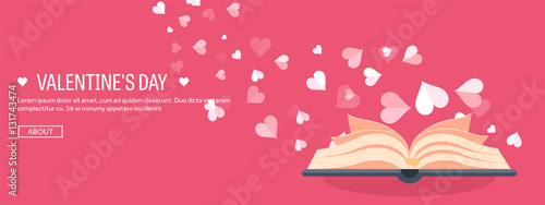Vector illustration. Flat background with book. Love, hearts. Valentines day. Be my valentine. 14 february.