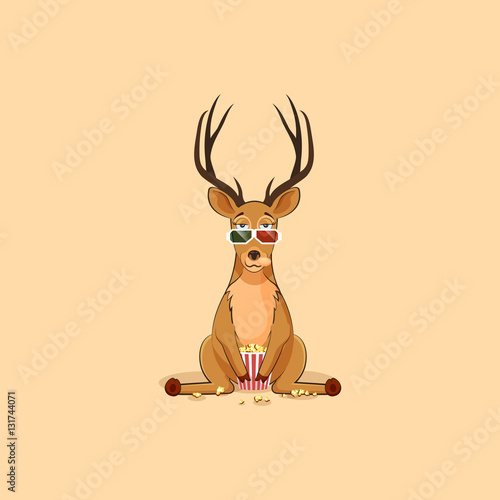 Illustration emoji character cartoon deer chewing popcorn, watching movie 3D glasses sticker emoticon for site