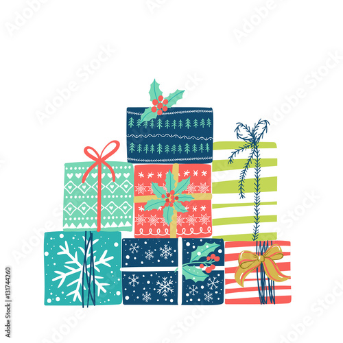 Christmas presents set. Vector winter holidays background.