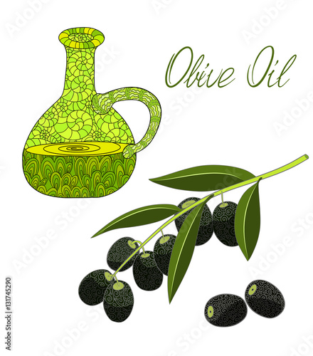 A bottle of olive oil in doodle style. Branch with olives and leaves.