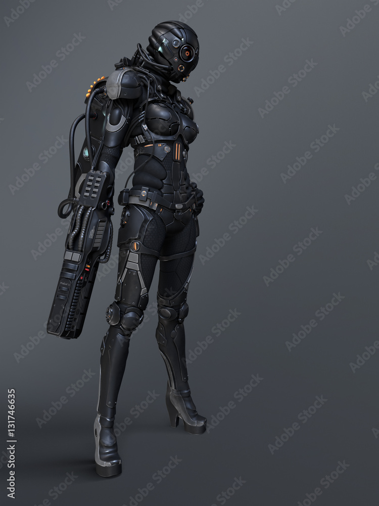 3d rendering of a cyborg girl standing with a gun 