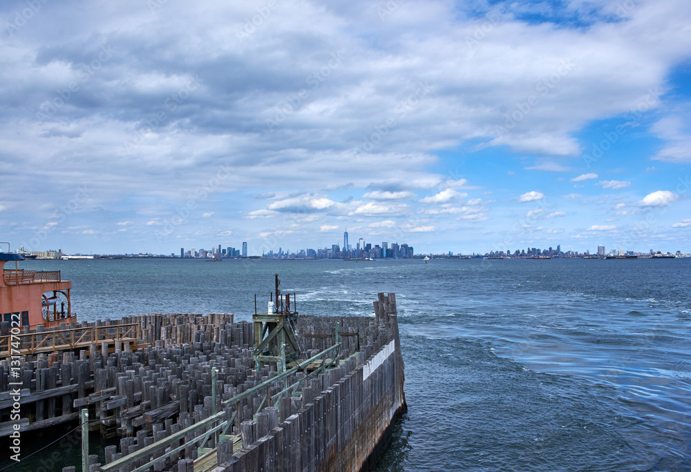 Brooklyn, Manhattan and Jersey City skyline seen from Staten Island ferry docks, made of wood