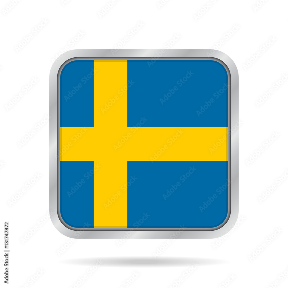Flag of Sweden. Shiny metallic gray square button. Flag of Sweden. Shiny metallic gray square button.