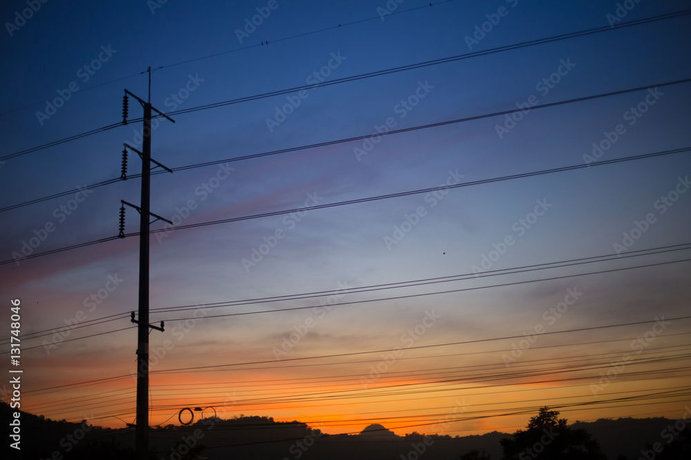 a light pole view of sunrise over the hill at Tak province, Thailand