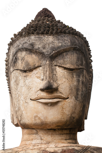 Ancient concrete Buddha face close up to head at Kampangphet Historical park, Thailand