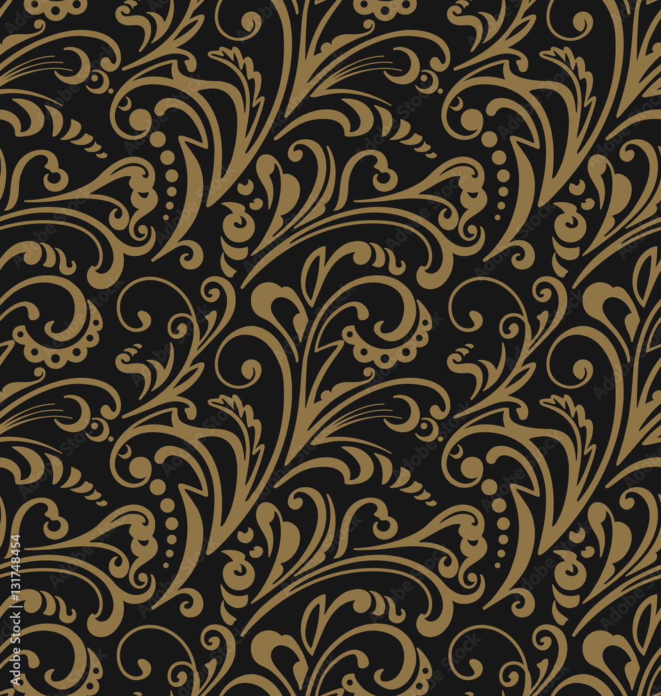 Seamless pattern. Vintage style background with floral ornaments. Abstract composition with gold elements on black backdrop. Illustration with an elegant design.