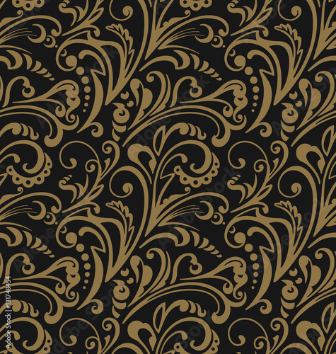 Seamless pattern. Vintage style background with floral ornaments. Abstract composition with gold elements on black backdrop. Illustration with an elegant design.