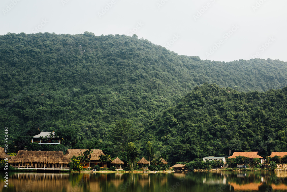 Flooded Asian country against the backdrop of the mountains in t