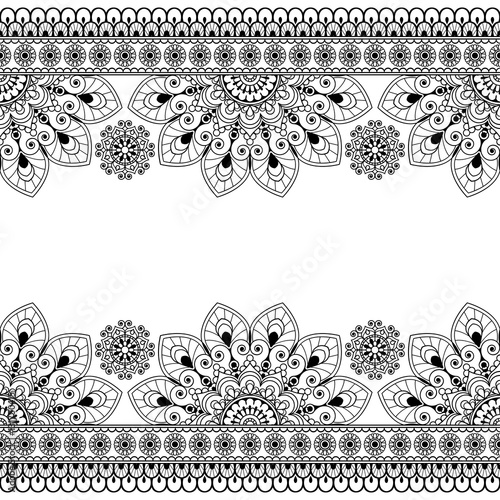 Seamless Indian Mehndi Pattern with floral border elements for card and tattoo on white background.